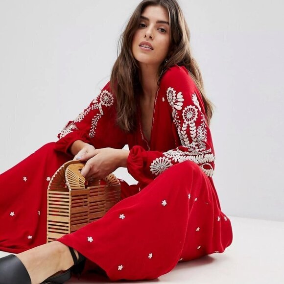 Free People Red Embroidered Romper/Jumpsuit v-neck jumpsuit size XS - Picture 6 of 17